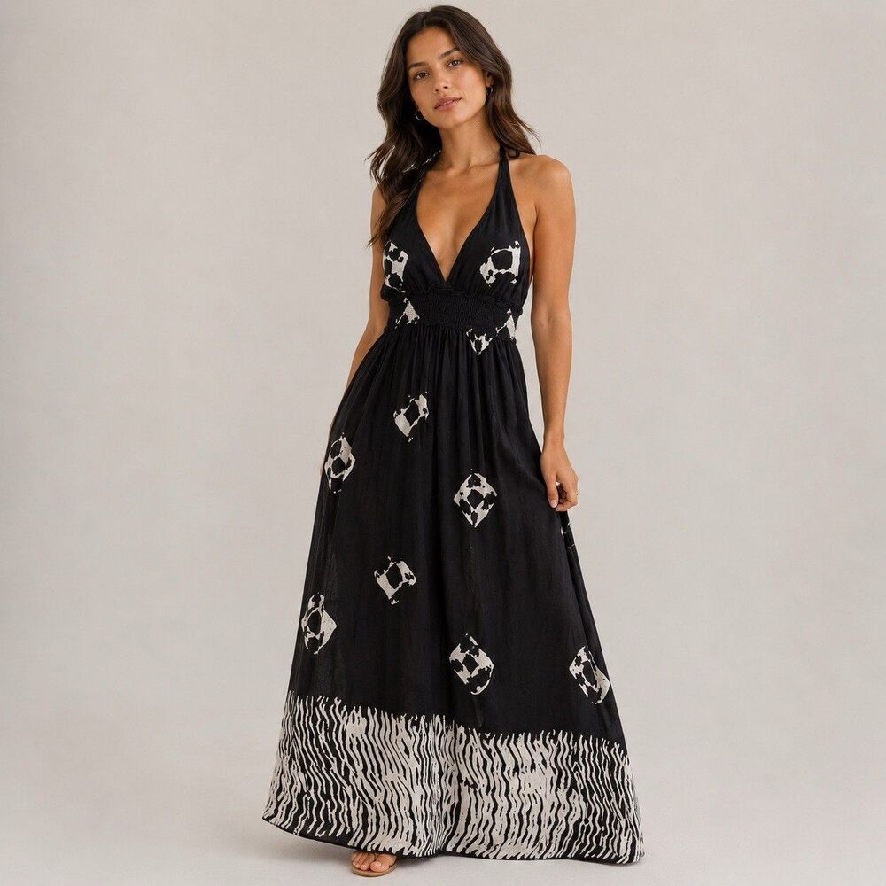 Derek Heart Navy Halter Maxi Dress Padded Bohemian Coastal Summer Cottage Medium